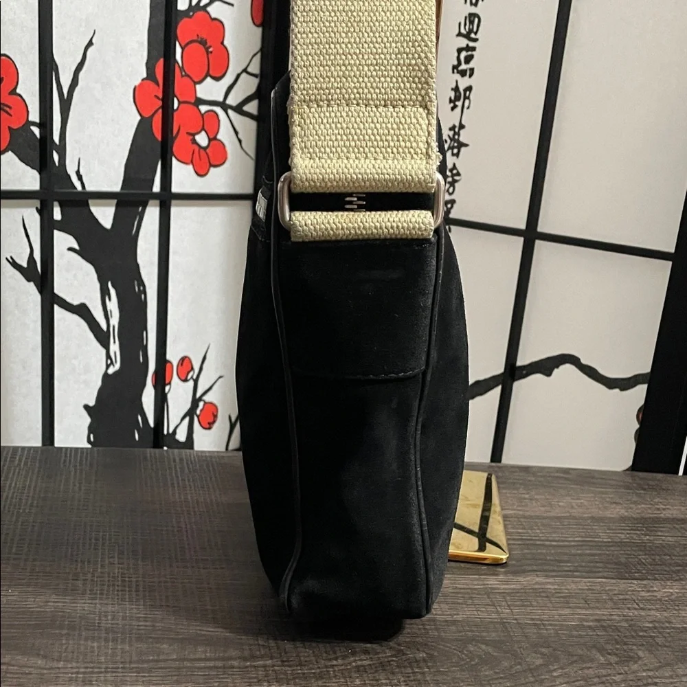 Marc Jacobs Suede Vintage Black Crossbody with Cream Strap and Red M Charm